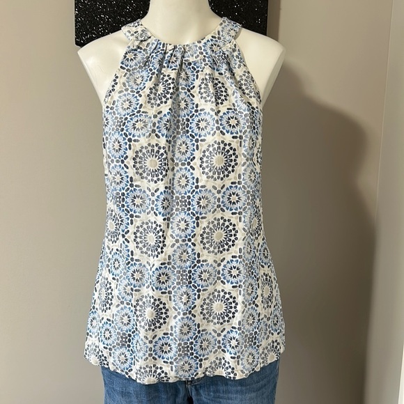Tommy Bahama White Blue Geometric Halter Linen Top Sleeveless Top size S - Picture 1 of 9